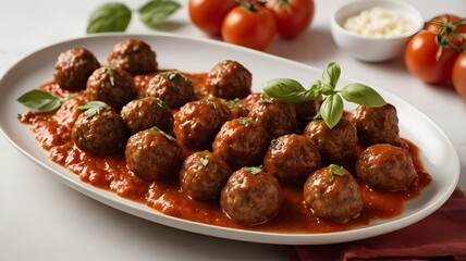 "A plate of homemade meatballs in tomato sauce, on a white background."

