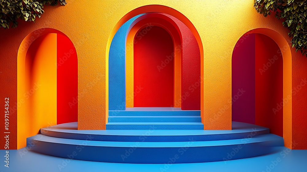 Poster Vibrant Multicolored Architectural Space with Arches and Steps in Bold Artistic Design : Generative AI