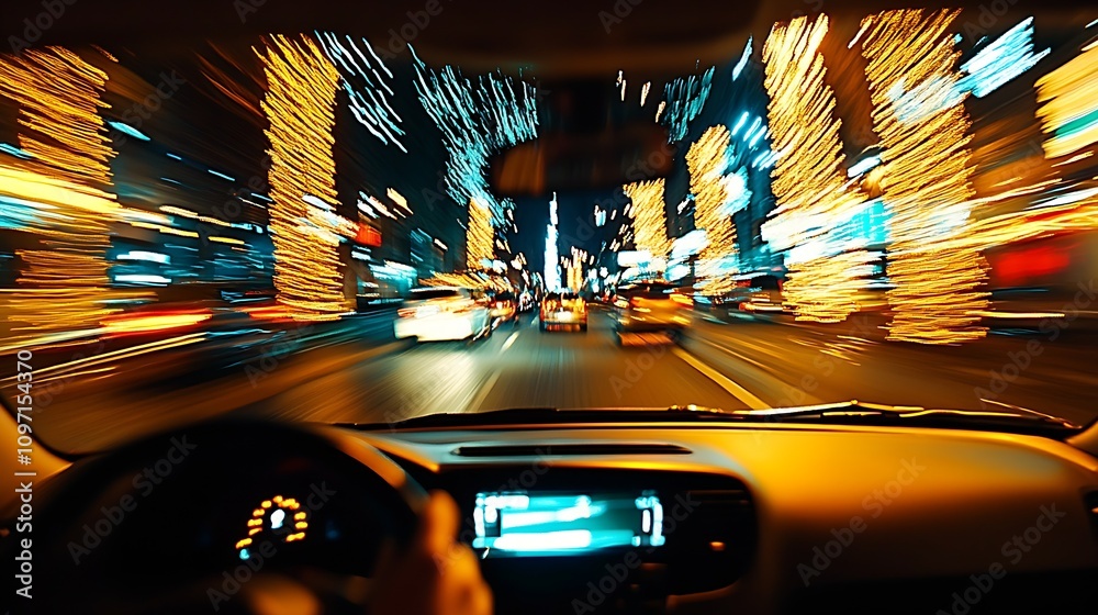 Poster exhilarating night drive in the city with blurred lights speed and car dashboard view : generative a