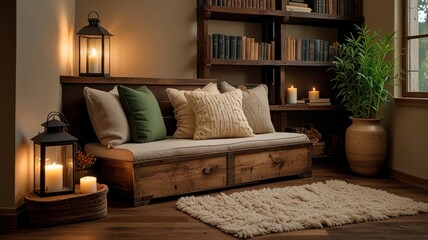 Fototapeta premium Cozy reading nook with wooden daybed, candles, bookshelves, and plants.