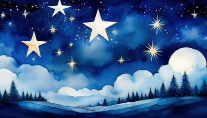 Naklejka premium A deep navy watercolor background adorned with hand-painted stars, featuring the prominent Star of Bethlehem shining brightly, evoking a sense of wonder and serenity. 