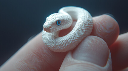 Fototapeta premium Tiny White Snake Held in Human Fingers