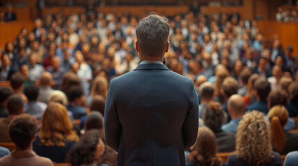 business coach leader speaker at a speech in front of a rostrum of people business training