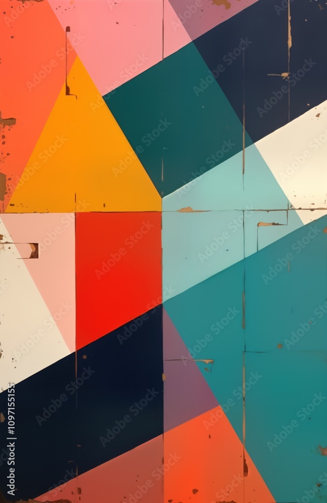 Poster abstract geometric art features colorful triangles, rectangles. modern flat color scheme. bright hue