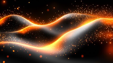 Obraz premium Glowing Waves of Orange and White Light Particle Reflections on Black Background : Generative AI