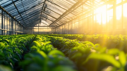 Serene Greenhouse Illuminated by Dawn Sunlight Featuring a Sea of Verdant Plants : Generative AI