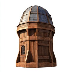 Wooden observatory structure with metal dome, isolated on white