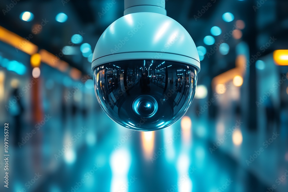 Poster Surveillance Security Camera in Modern Urban Setting with Defocused Background : Generative AI