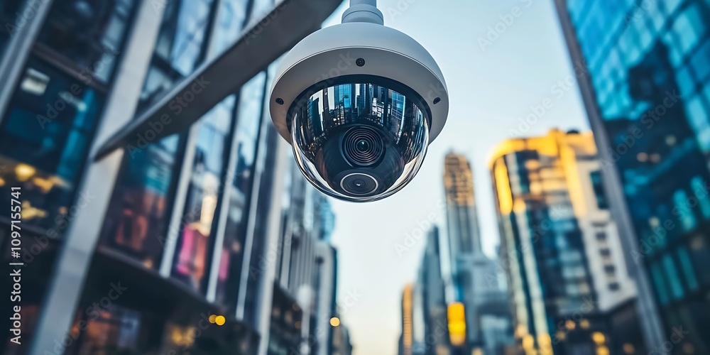 Poster advanced cctv camera overlooking bustling city street with modern architecture : generative ai