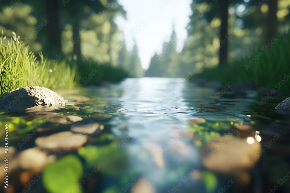 Poster pristine riverbed with clear stream flowing through evergreen forest landscape : generative ai