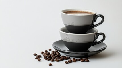 Fototapeta premium Cups stacked elegantly with coffee beans beside on a simple background