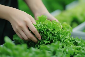 Gardener's Hands Delicately Handling Lush Lettuce in Urban Greenhouse Farm : Generative AI