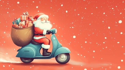 Santa Claus riding a scooter with a sack of brightly wrapped presents against a red snowy backdrop. Concept of holiday joy, festive delivery, and Christmas celebration.