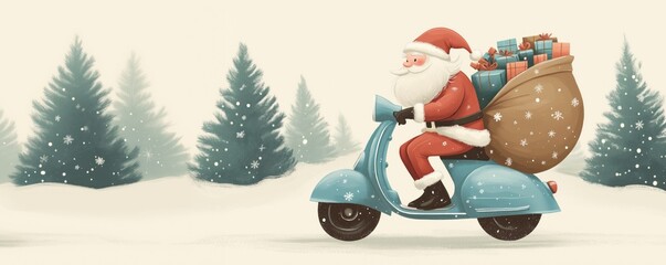 Santa Claus on a scooter carrying a sack full of colorful presents in a snowy evergreen forest. Concept of festive cheer, holiday delivery, and Christmas magic.
