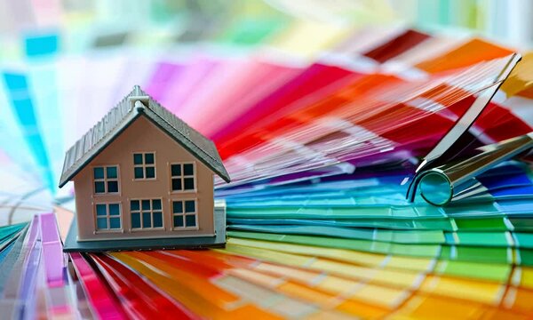 Cropped imaged of professional interior designers choose appropriate color from color palette with house model and architectural equipment scatter around.