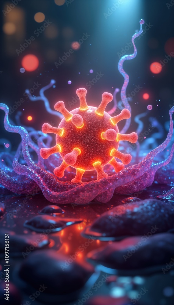 Poster Glowing virus particle digital art vibrant color abstract design. Microscopic view infection biology. Medical science illustration. Futuristic tech innovation. Immune system visual. Molecular