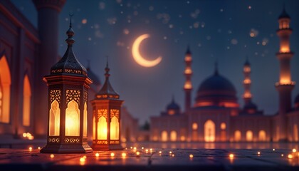 Obraz premium Ramadan lanterns illuminate mosque courtyard. Night scene. Crescent moon. Islamic celebration. Arabian culture. Festive lights. Holy month. Muslim tradition. Eid greeting card design. Faith background