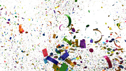 A festive background featuring colorful confetti and ribbons falling on a white background, perfect for celebrations and parties.