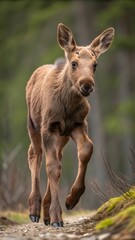 Fototapeta premium Moose Calf Walking Along a Forest Path in Early Sunlight. Generative AI