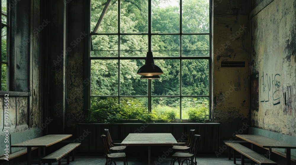 Poster A rustic dining space with large windows overlooking lush greenery.