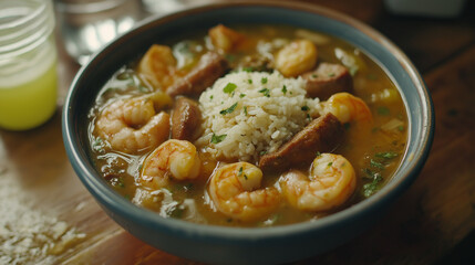 Traditional Louisiana Gumbo with Shrimp, Sausage, Rice, and Herbs