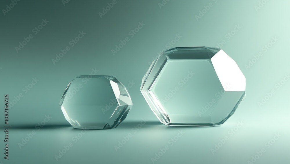 Aufkleber two crystal-like geometric shapes reflecting light on a smooth surface.