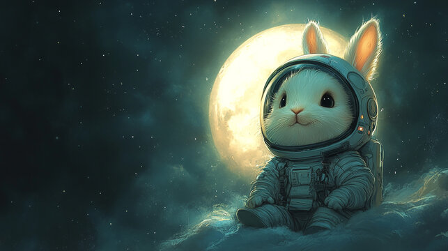Cute Bunny in a Spacesuit Facing the Moon