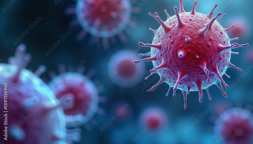 Poster Colored SEM micrograph shows apoptotic cells. Irregular shapes and fragmented nuclei are visible. Microscopic view of cell death. Human disease research. Medical science image.