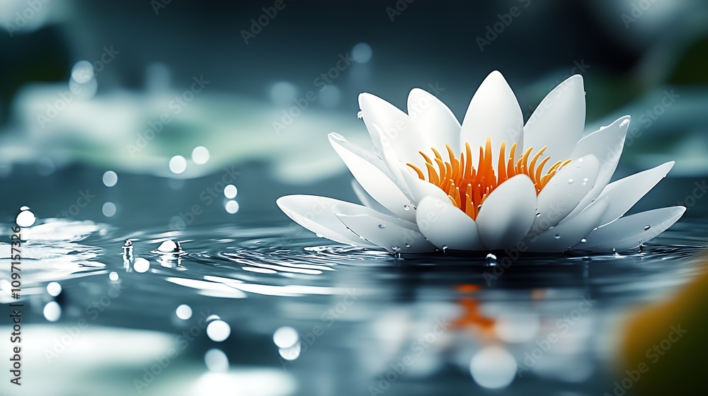 Poster tranquil water lily floating on rippling pond surface with gentle light : generative ai