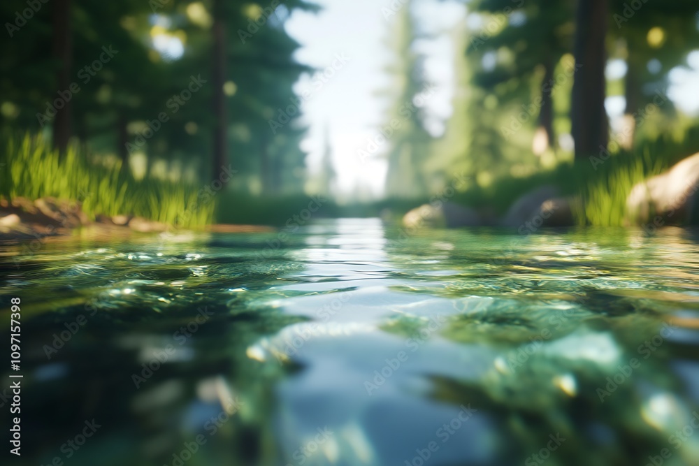 Poster crystal clear creek running through vibrant green forest in natural setting : generative ai