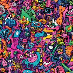 Obraz premium Vibrant abstract artwork filled with quirky characters and colors