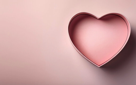 An empty pink heart-shaped box on pink pastel background, copy space.
