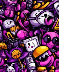 Obraz premium Colorful collection of cartoon characters and objects on a dark background