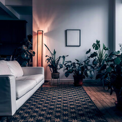 Simple and clean modern living room with white sofa black and white rug wooden floor lamp potted plants and a blank picture frame on a white wall.