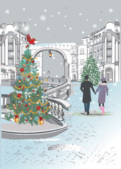 Christmas background with colorful street views in the old city in winter. Hand drawn vector architectural background.