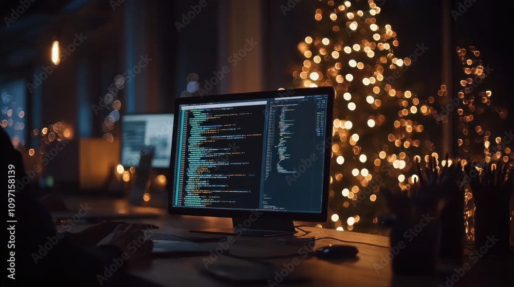 Poster Programmer Working Late Night Coding Christmas Lights