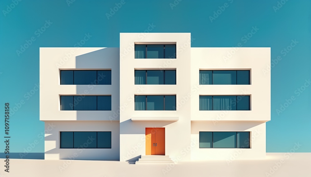 Poster modern white building features symmetrical design. clean lines create balance. orange door adds cont