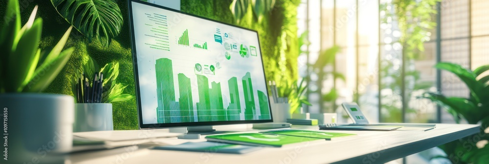 Poster a modern workspace with a green theme, featuring a computer and plants for a fresh atmosphere.