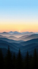 Obraz premium Serene sunset over rolling mountains with silhouettes of trees