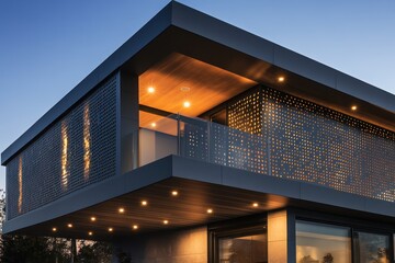 Ultra-modern home front with a perforated metal facade and recessed lighting, clear night sky.