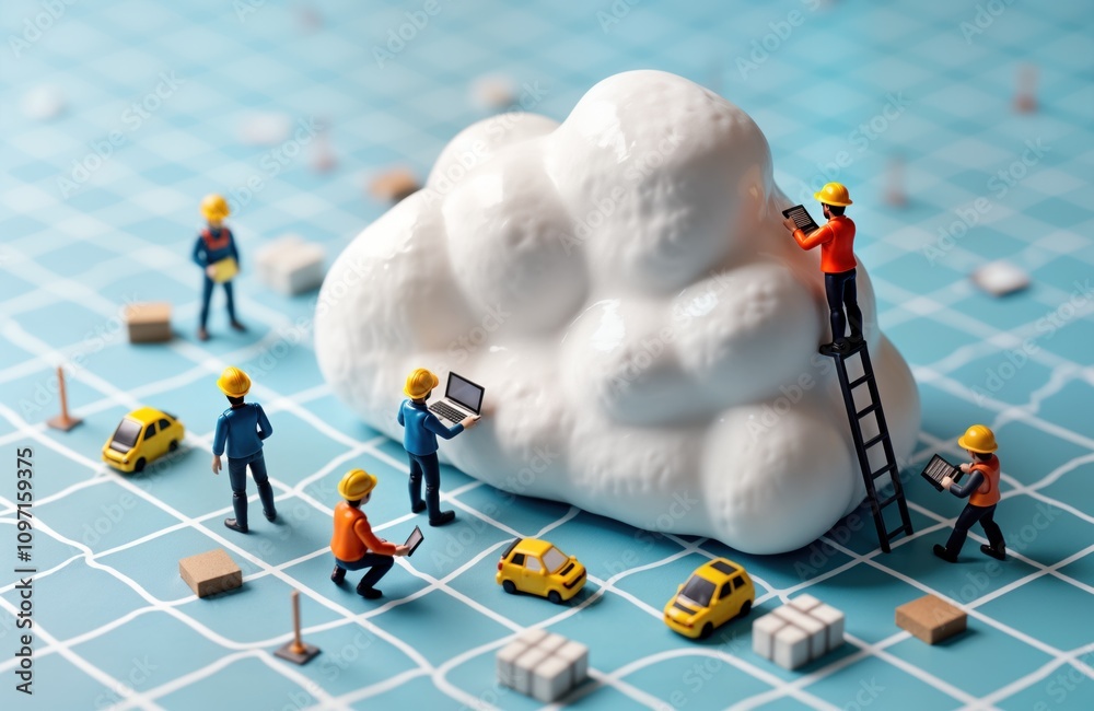 Poster Miniature engineers work on large cloud model. Technicians use laptops tablets. Workers build computing infrastructure. Network automation. Data virtualization.