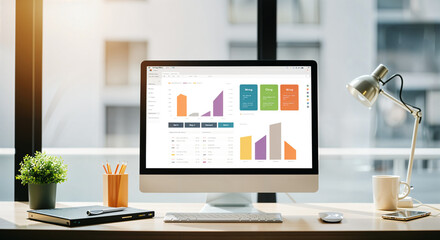 Modern workspace with computer displaying business analytics graphs and data charts