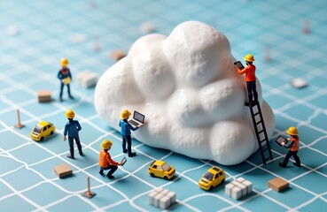Miniature engineers work on large cloud model. Technicians use laptops tablets. Workers build computing infrastructure. Network automation. Data virtualization.
