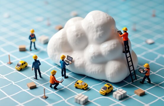 Miniature engineers work on large cloud model. Technicians use laptops tablets. Workers build computing infrastructure. Network automation. Data virtualization.