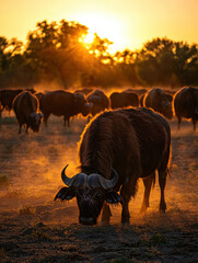 Naklejka premium Buffalo grazing in a sunlit field at sunrise, glowing in golden mist.