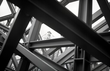 Steel beams intersect creating abstract architecture. Industrial structure design. Monochrome metal framework. Geometric lines shape modern building. Strong graphic pattern. Construction material
