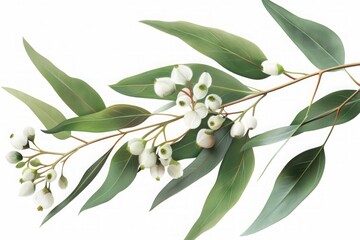 Eucalyptus branches with green leaves and buds in a botanical watercolor style. Detailed botanical illustration for design and print.  Ayurveda, ayurvedic herbs, Generative AI