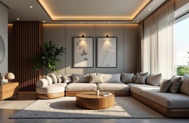 Fototapeta premium Interior designer shows 3D renderings to business clients. Modern office workspace. Stylish furniture. Affluent clientele. Impressive project. Luxury home design. Virtual home tour. Concept interior.