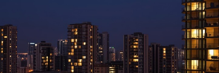Fototapeta premium A modern apartment unit brightly illuminated against a condo building backdrop, architecture, cityscape