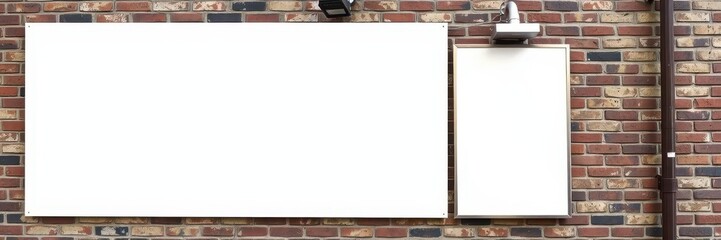 Obraz premium An outdoor poster mockup displaying a blank canvas hanging on a brick wall in a city setting, ready for customization with artwork or text, promotion, poster